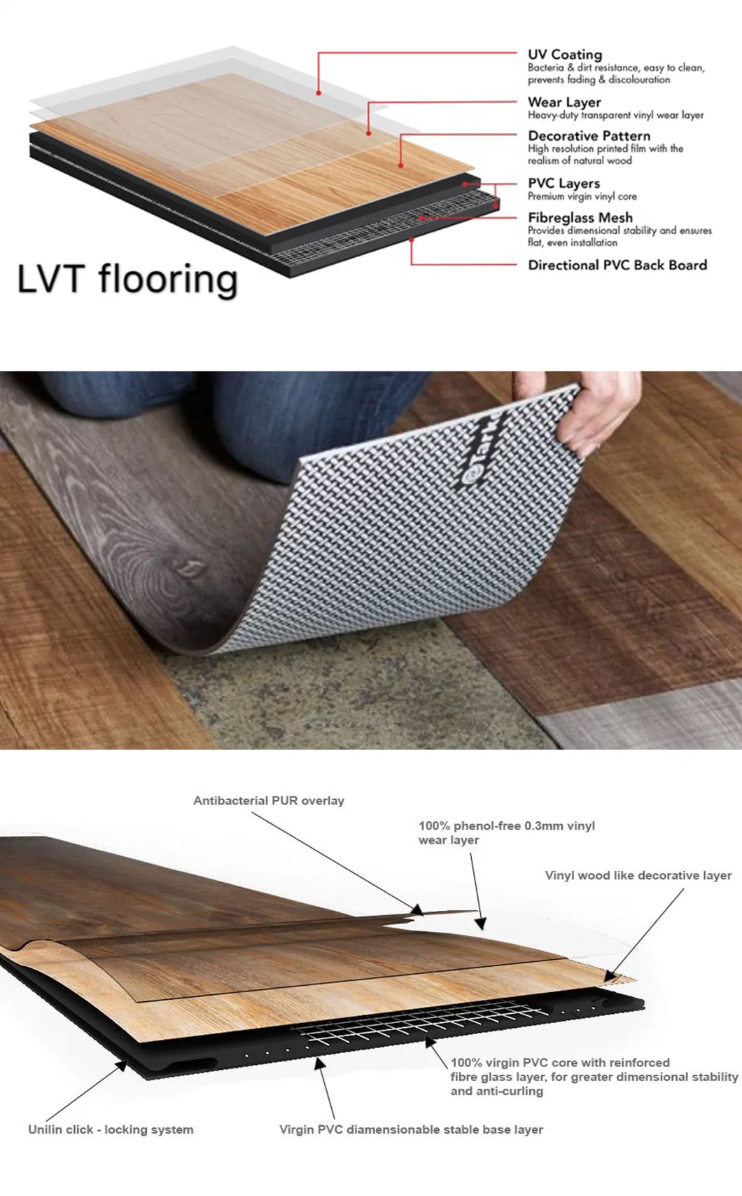 Luxury Fireproof Wood Design 1.5mm - 6mm Dry Back Vinyl Plastic PVC Floor Lvt Glue Down Vinyl Tile Flooring
