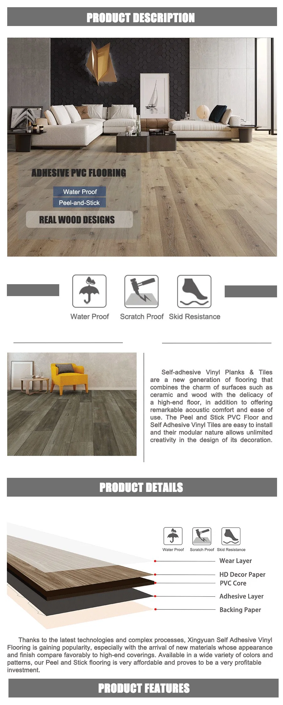 Plastic Flooring Sticker Covering Tile Lvt Self Adhesive PVC Vinyl Floor Flooring